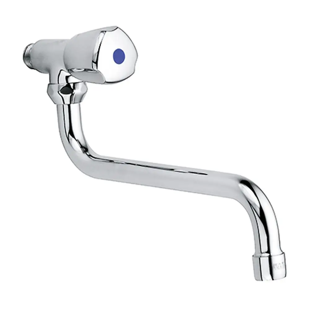 Kludi Schwenkventil aus Chrom mit gebogenem Auslauf, geeignet für Kalt- und Warmwasseranschluss. Der Bedienknopf hat eine blaue Markierung.